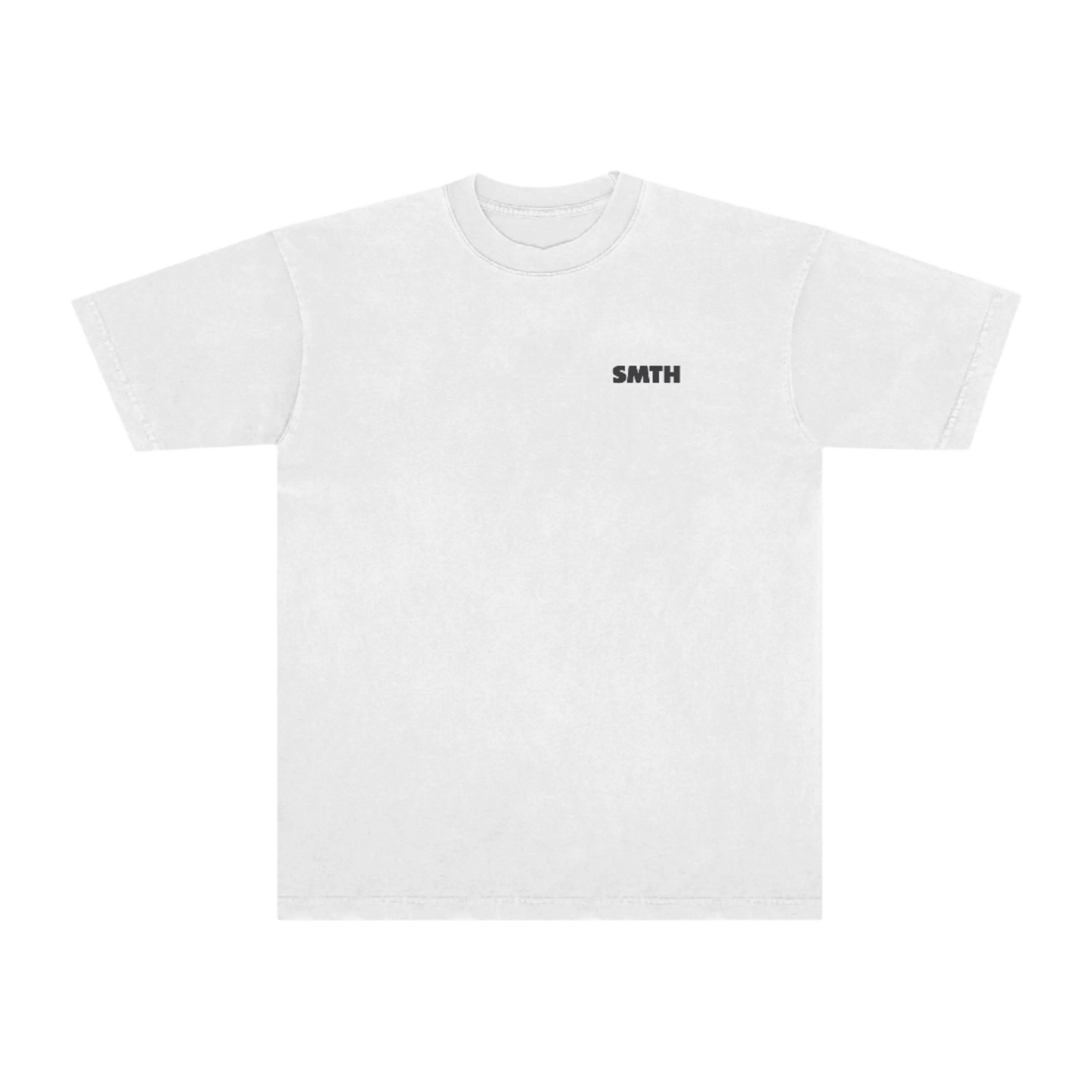 Front of white t-shirt with small SMTH logo on chest