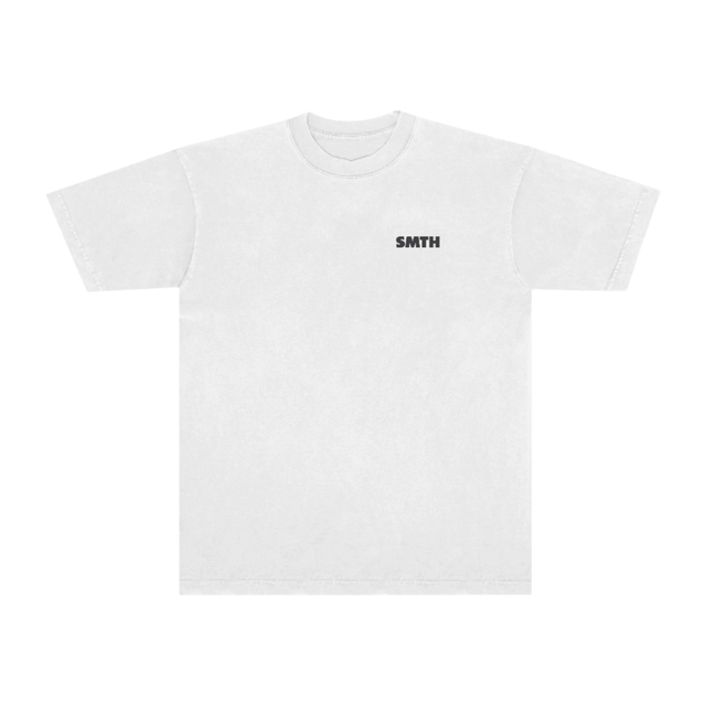 Front of white t-shirt with small SMTH logo on chest